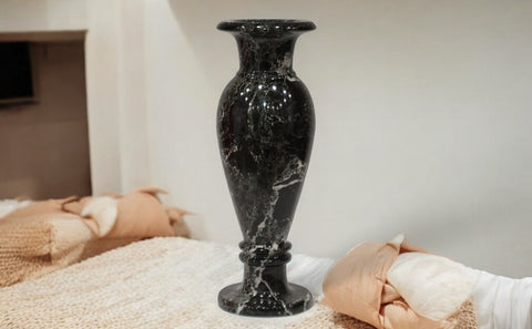 4” X 12” Andrei Black Stone/Marble Flower Vase, For Office and Home Decor