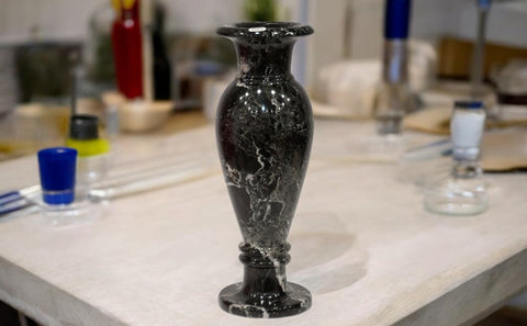 4” X 12” Andrei Black Stone/Marble Flower Vase, For Office and Home Decor