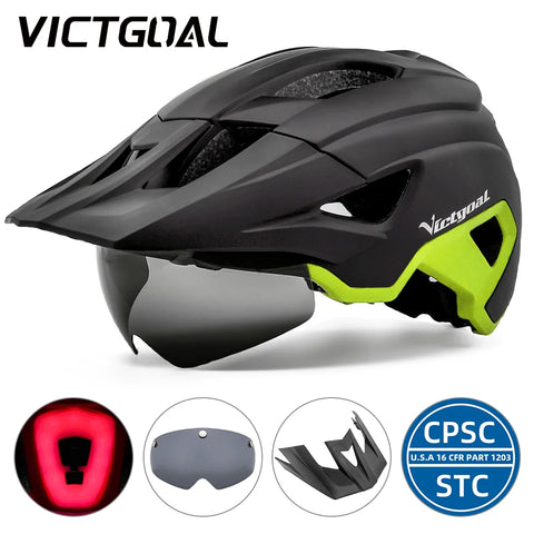 VICTGOAL LED Bike Helmet With Sun Goggle Visor Rechargeable LED Men Bicycle Helmet