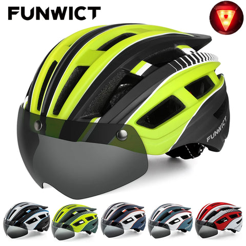 FUNWICT MTB Bicycle Helmet for Men Women with Goggles LED Rear Light Adults