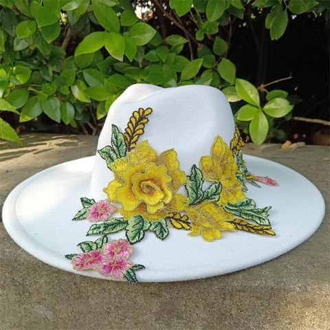 White fedora hats 3D embroidered flowers Fedora men and women